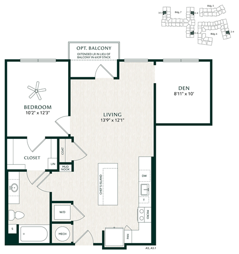 Floor plan for 1 bed, 1 bath, 855 sqft